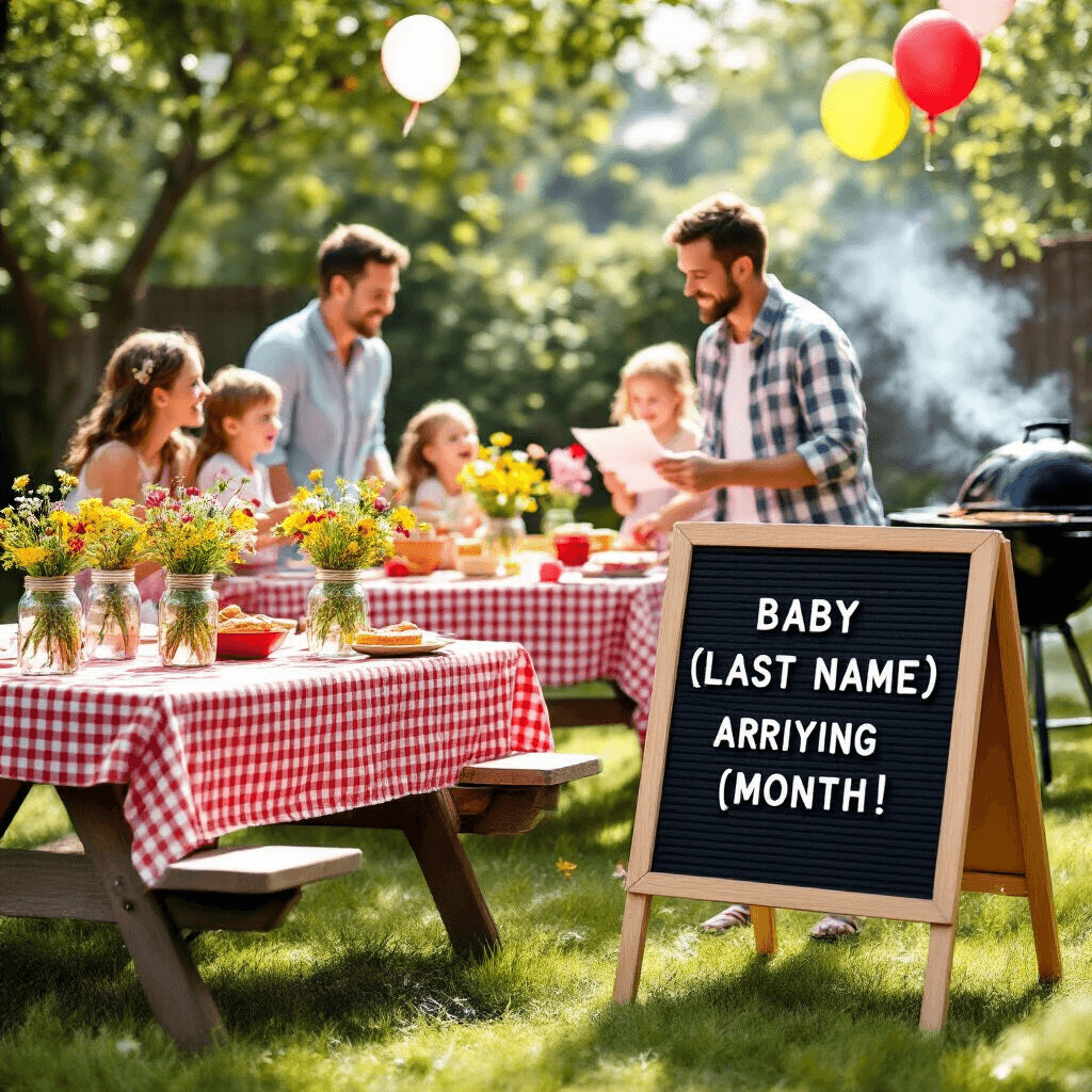 Pregnancy Announcement to Parents: Creative Ways to Share Your Exciting News A sunny backyard barbecue scene with picnic tables covered in red and white checkered cloths, mason jars of wildflowers, and a chalkboard easel stating 'Family News.' A young couple is joyfully revealing a letter board message about their upcoming baby, surrounded by family members expressing happiness. Balloons float in the background, while a grill smokes and children play nearby, creating a lively atmosphere.