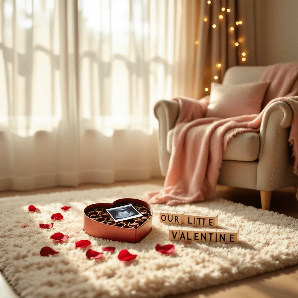 The Ultimate Guide to a Memorable Valentine's Day Pregnancy Announcement A sunlit living room with soft golden hour light, featuring a cream rug, an open heart-shaped box of chocolates revealing an ultrasound picture, scattered rose petals, 'Our Little Valentine' letter blocks, a cozy armchair with a blush throw blanket, and twinkling string lights in the background.