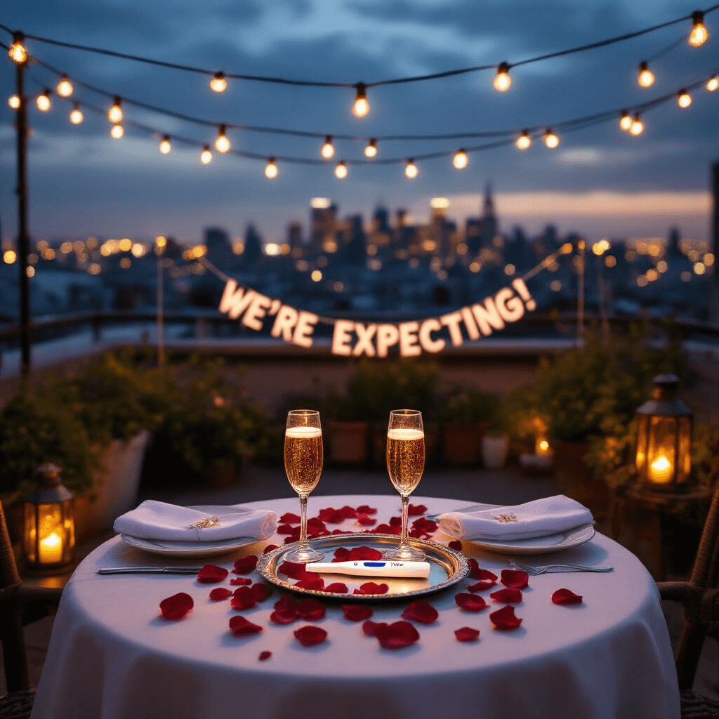 The Ultimate Guide to a Memorable Valentine's Day Pregnancy Announcement Intimate rooftop terrace at twilight, featuring string lights overhead, a round table with two place settings and sparkling cider, a silver tray with a positive pregnancy test surrounded by rose petals, city lights twinkling in the background, and a 'We're Expecting!' banner.