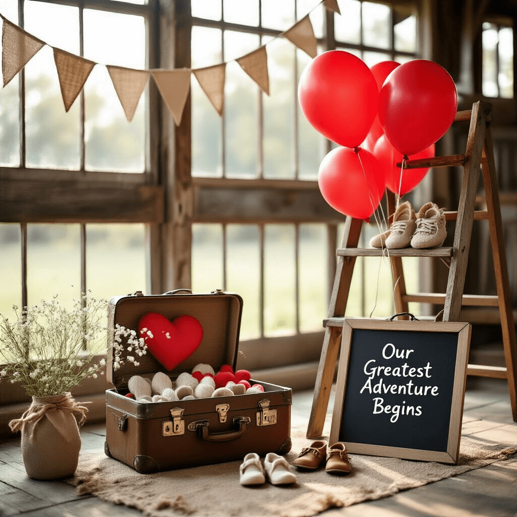 The Ultimate Guide to a Memorable Valentine's Day Pregnancy Announcement A rustic barn interior transformed into a whimsical studio, filled with soft morning light. A weathered wooden ladder holds tiny baby shoes, while a vintage suitcase spills red heart balloons. A chalkboard sign reads 'Our Greatest Adventure Begins', surrounded by burlap bunting and baby's breath. An ultrasound photo is prominently displayed, enhancing the heartfelt scene.