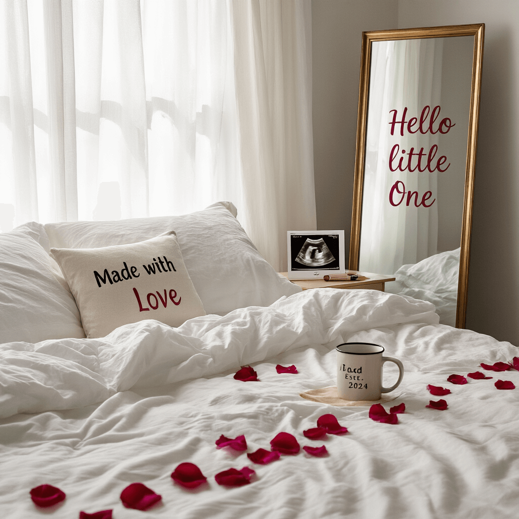 The Ultimate Guide to a Memorable Valentine's Day Pregnancy Announcement A cozy, dreamy bedroom featuring an unmade bed with crinkled white linens and a 'Made with Love' throw pillow. A bedside table holds a 'Dad Est. 2024' mug and a framed ultrasound photo. Rose petals trail on the floor towards a full-length mirror with 'Hello Little One' written in lipstick. Sheer curtains gently billow, creating a soft, romantic atmosphere.