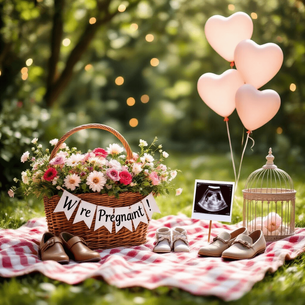 The Ultimate Guide to a Memorable Valentine's Day Pregnancy Announcement A whimsical outdoor picnic scene with a red and white checkered blanket, a wicker basket overflowing with fresh flowers and a 'We're Pregnant!' banner, flanked by two pairs of adult shoes and a tiny pair of baby booties. Floating heart-shaped balloons add height, while a decorative birdcage holds an ultrasound photo. Soft bokeh from fairy lights in the trees enhances the magical atmosphere.