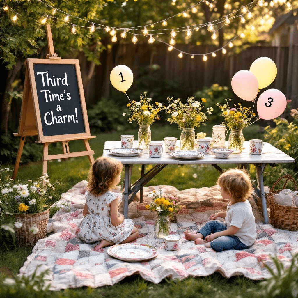 Third Time's the Charm: A Memorable Pregnancy Announcement with Siblings An overhead view of a cozy backyard picnic at golden hour, featuring a vintage picnic table adorned with mismatched floral china and mason jars of wildflowers. In the foreground, two children sit on a quilted blanket, surrounded by numbered balloons '1', '2', and a smaller '3'. A chalkboard easel in the background displays the text 'Third Time's a Charm!' in playful handwriting, all under a canopy of twinkling fairy lights.
