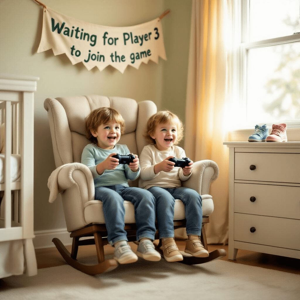 Third Time's the Charm: A Memorable Pregnancy Announcement with Siblings A cozy nursery corner features two excited siblings in a plush rocking chair, holding video game controllers. A handmade banner above reads 'Waiting for Player 3 to join the game'. Nearby, a dresser displays three pairs of shoes, including tiny baby booties. The decor is in soft mint and pale yellow tones, with warm, diffused light coming from a window.