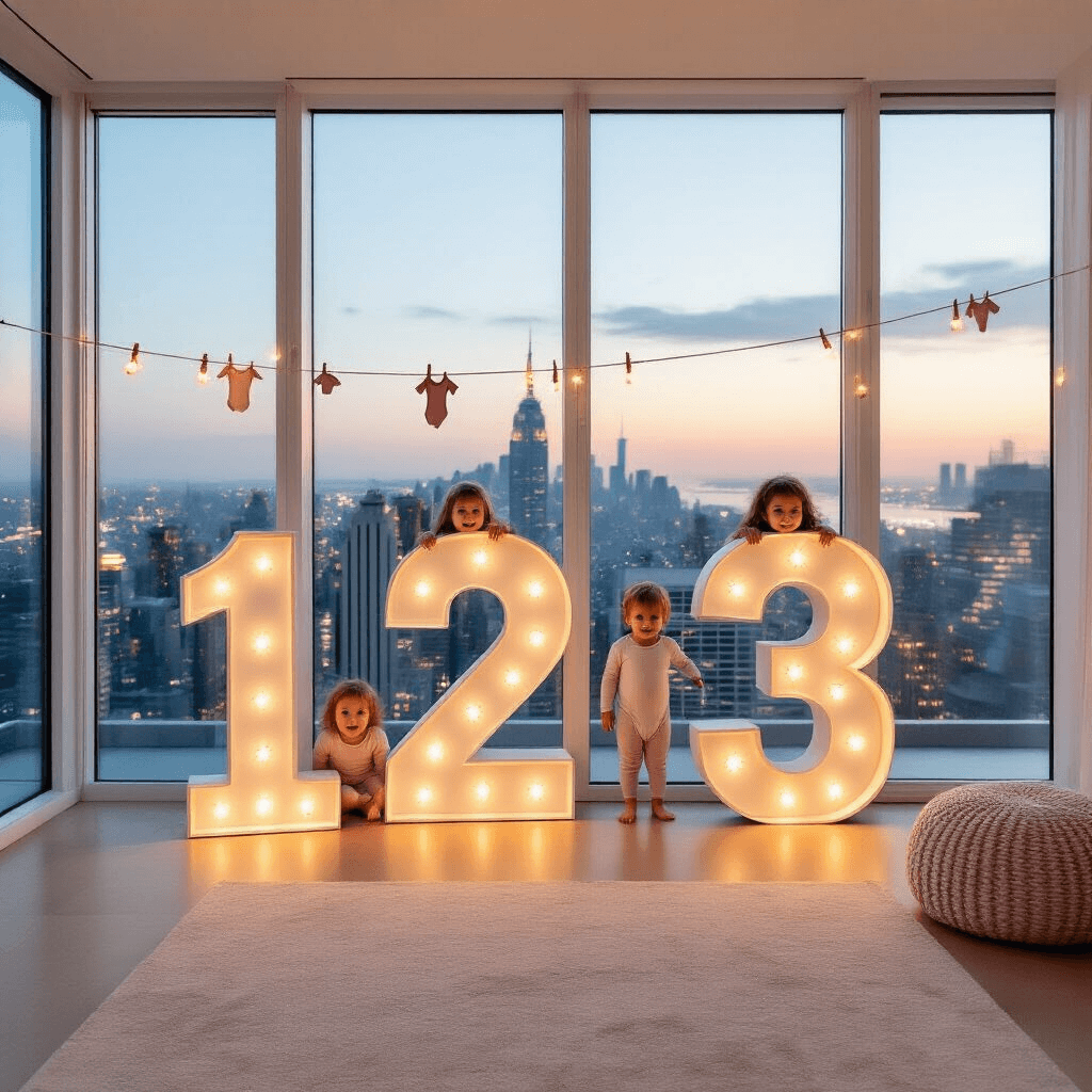 Third Time's the Charm: A Memorable Pregnancy Announcement with Siblings A modern, minimalist living room features floor-to-ceiling windows with a city skyline at dusk. Oversized '1', '2', and '3' cutouts adorned with fairy lights lean against a white wall, while two children peek out from behind the first two numbers, expressing surprise and joy. A clothes line displays a variety of onesies in graduating sizes. The room is accented with gold and blush pink tones, captured from a slight angle to show both the city view and the scene.