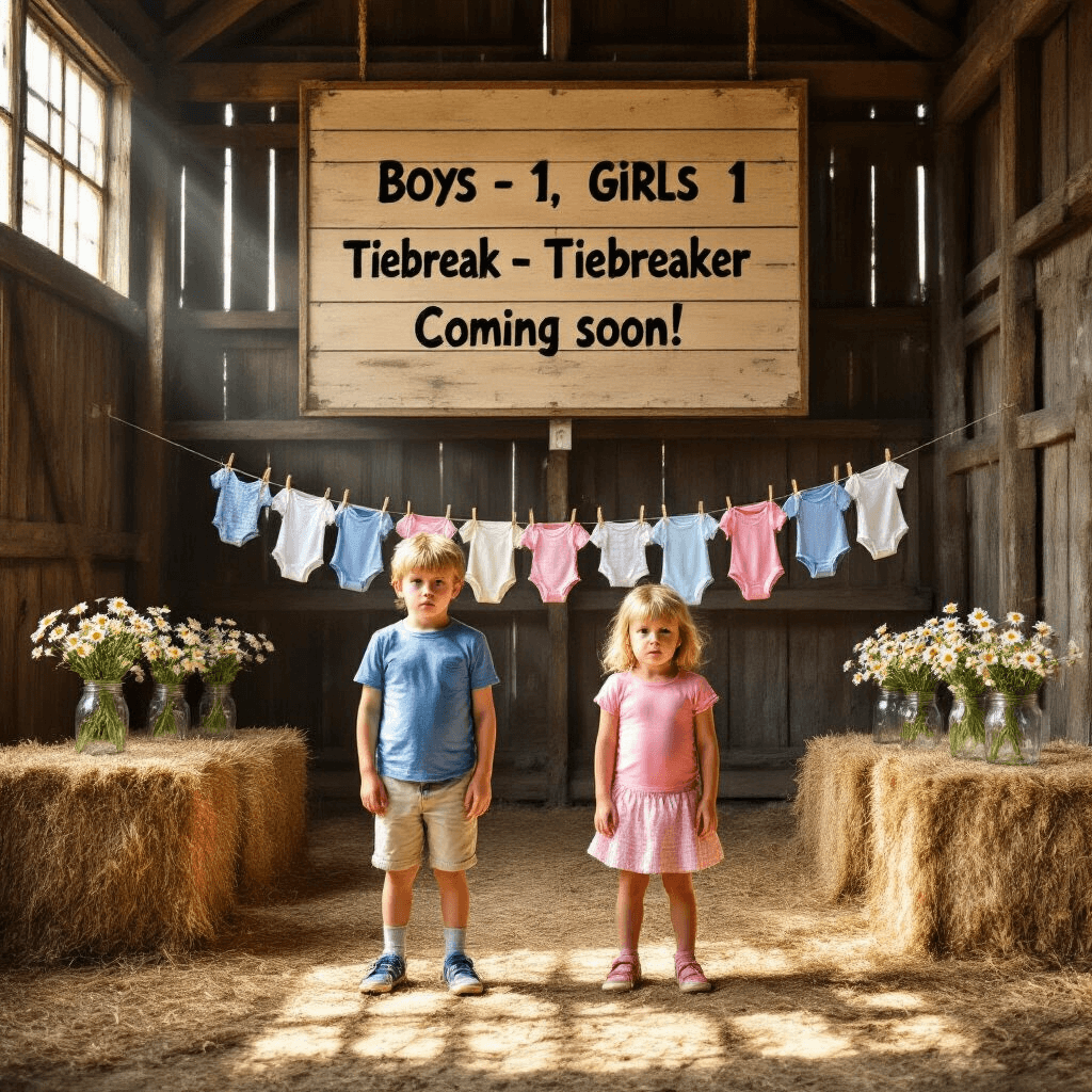 Third Time's the Charm: A Memorable Pregnancy Announcement with Siblings A rustic barn interior illuminated by sunlight streaming through slatted walls, featuring a large wooden scoreboard that reads 'Boys - 1, Girls - 1, Tiebreaker - Coming Soon!' Two children, one in a blue shirt and the other in pink, display comically competitive expressions beneath the scoreboard. The scene includes hay bales, Mason jars with daisies, and a clothesline in the background holding alternating pink and blue baby clothes.