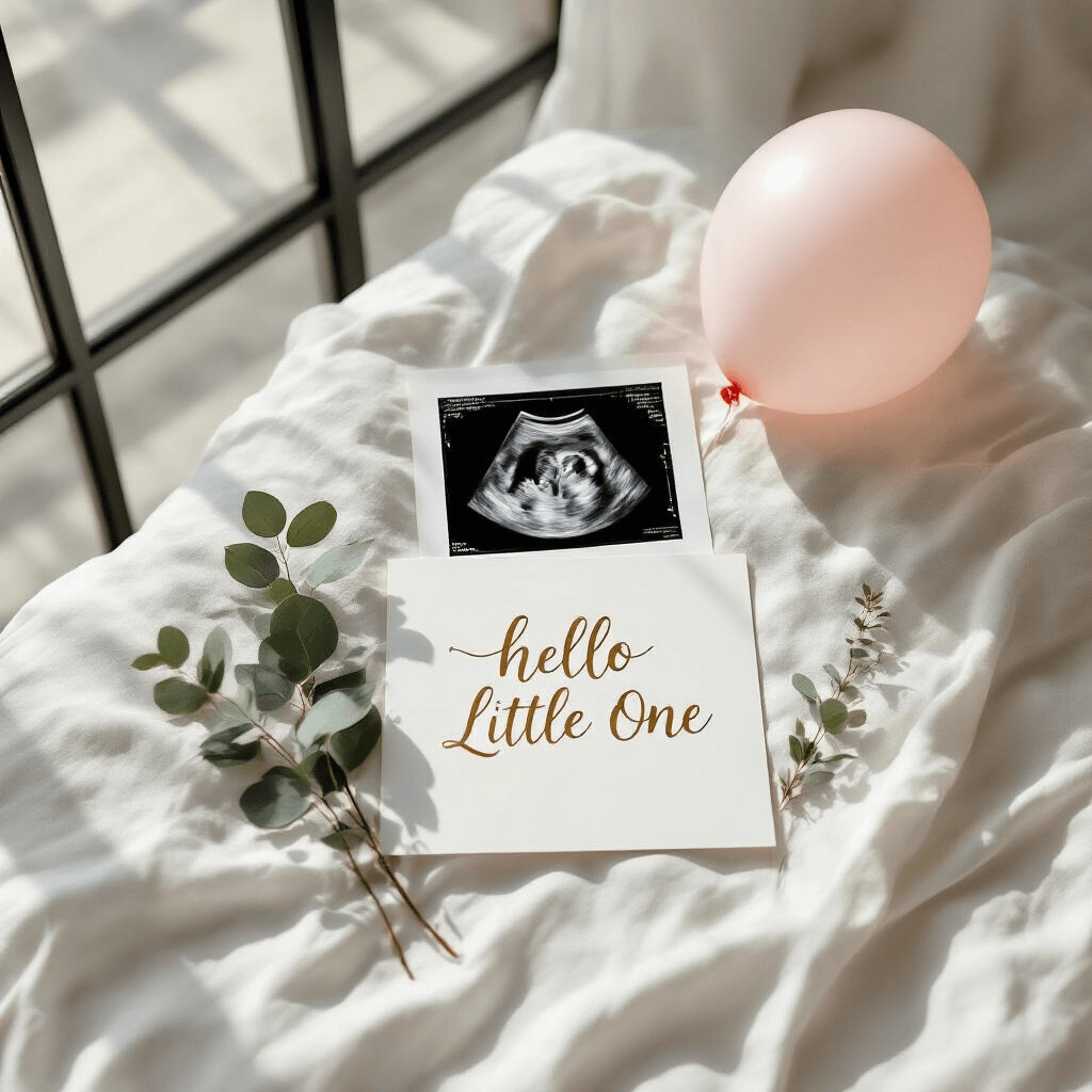 Aesthetic Pregnancy Announcement: Capturing Your Unique Journey with Style and Heart Minimalist pregnancy reveal in a modern loft featuring a sonogram print, gold 'Hello Little One' card, and eucalyptus sprig on white linen, enhanced by natural light and a blush pink balloon.
