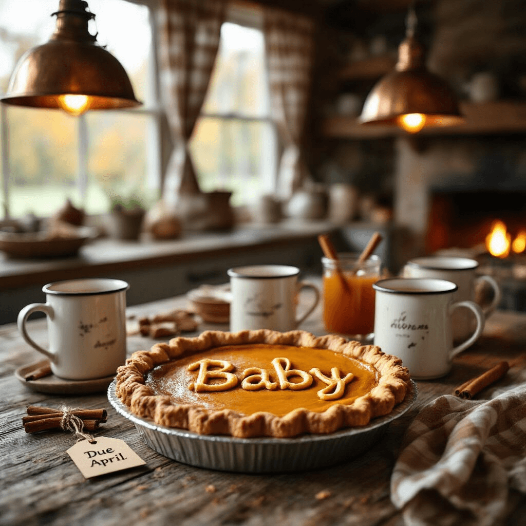 Aesthetic Pregnancy Announcement: Capturing Your Unique Journey with Style and Heart Close-up of a rustic farmhouse kitchen table featuring a freshly baked pumpkin pie with 'Baby' cut into the crust, surrounded by vintage enamelware mugs filled with cider, cinnamon sticks, and a 'Due April' tag, all softly illuminated by warm copper pendant lights, with a cozy backdrop of gingham curtains and a fireplace.