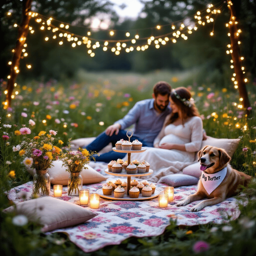 Aesthetic Pregnancy Announcement: Capturing Your Unique Journey with Style and Heart A whimsical outdoor maternity picnic at twilight, featuring a flower-filled meadow, a vintage quilt under twinkling fairy lights, a tiered cake stand with 'We're Expecting' cupcakes, mason jars of wildflowers, and floating candles. An expectant couple lounges on plush floor pillows with their dog wearing a 'Big Brother' bandana, surrounded by a soft bokeh effect for a dreamy atmosphere.