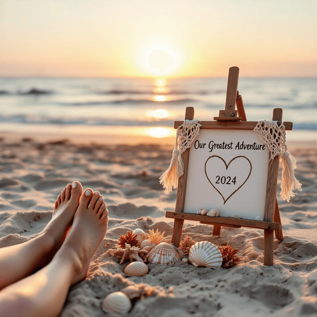 Aesthetic Pregnancy Announcement: Capturing Your Unique Journey with Style and Heart Pregnancy reveal at the beach at sunrise, featuring bare feet in the sand surrounding a heart drawn with 'Baby 2024', a driftwood easel with the due date, seashells, and coral, macramé bunting reading 'Our Greatest Adventure' fluttering in the breeze, and pastel dawn colors reflecting on gentle waves.