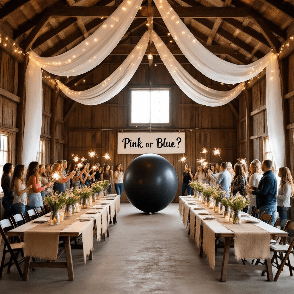Pregnancy Announcement Ideas: Unique & Memorable Ways to Share Your Big News! A rustic barn interior decorated for a gender reveal party, featuring draped white fabric, twinkle lights, burlap table runners, mason jar centerpieces with wildflowers, and a large black balloon labeled 'Pink or Blue?' at the far end, with excited guests holding sparklers in a warm, festive atmosphere.