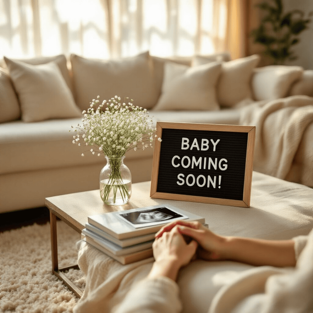 Simple Pregnancy Announcement Ideas: Share Your Big News with Ease A sunlit living room featuring a cream linen sofa and a vintage letter board saying 'Baby Coming Soon!'. A vase with baby's breath flowers sits on a coffee table near a beige area rug. Expectant parents' hands rest on parenting books, with a soft focus ultrasound photo visible.