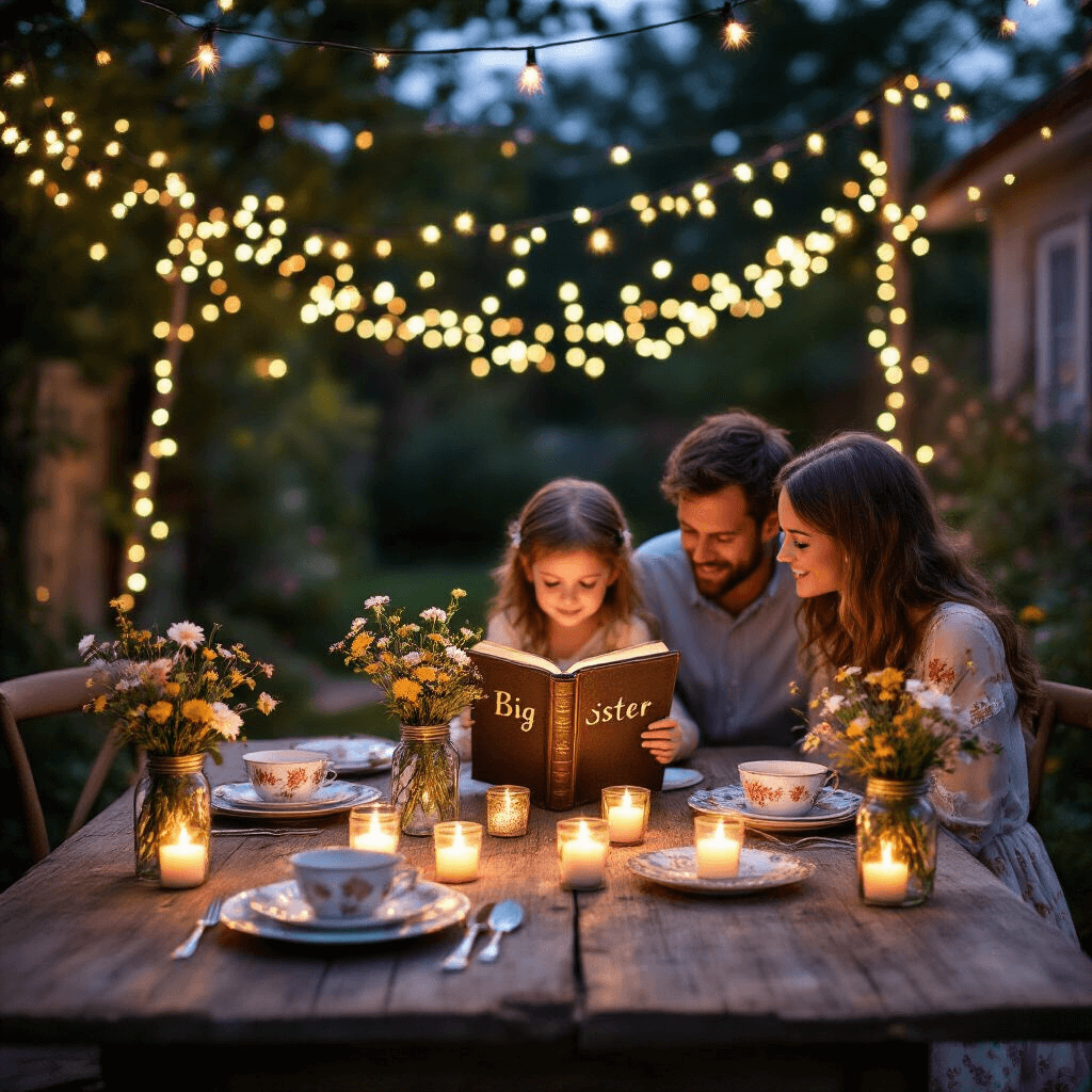 Big Sibling Announcement: A Heartwarming Guide to Sharing Your Pregnancy News An enchanting twilight backyard scene with fairy lights overhead, a rustic table set for three with floral china and vintage silverware, featuring mason jar centerpieces with wildflowers and candles. A little girl in a flowy dress is captivated by a “Big Sister” book, while her joyful parents sit nearby. Soft bokeh from the lights adds a dreamy effect.