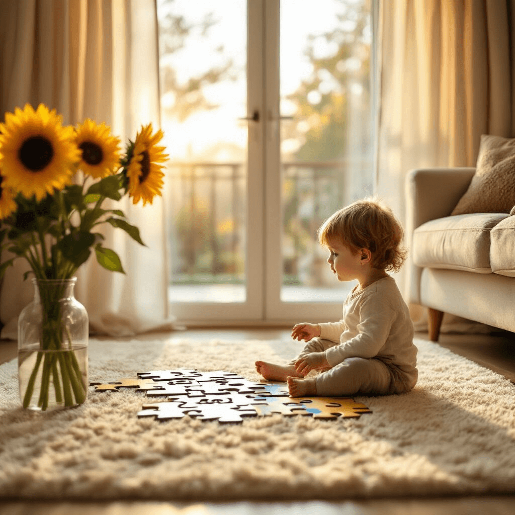 Capturing Joy: The Ultimate Guide to Second Pregnancy Announcements A sunlit living room with a toddler on a cream rug, focused on a large puzzle piece that says 'Big Brother'. Soft beige curtains frame the bright windows, and a coffee table with sunflowers adds color to the warm scene. The child's profile shows wide eyes filled with wonder.