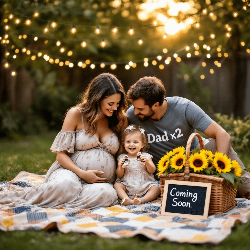 Capturing Joy: The Ultimate Guide to Second Pregnancy Announcements A young family enjoys an intimate backyard picnic at golden hour, lounging on a patchwork quilt beneath fairy lights. The mother, in a maxi dress, cradles her baby bump, while the father, in a 'Dad x2' t-shirt, leans close. Their giggling toddler holds tiny baby shoes, and a wicker basket filled with sunflowers sits nearby with a sign saying 'Coming Soon'. Soft bokeh lights create a warm, golden atmosphere.