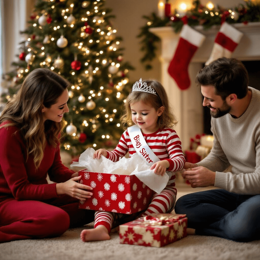 Capturing Joy: The Ultimate Guide to Second Pregnancy Announcements A festive living room on Christmas Eve, featuring a toddler girl in candy cane striped pajamas, cross-legged and opening a large gift box revealing a 'Big Sister' sash and tiara. Her kneeling parents, with the mom’s baby bump visible, surround her. Stockings hang from the mantle, including a tiny one, amid rich reds and greens and warm golden lighting, capturing the child's joyful and surprised expression.