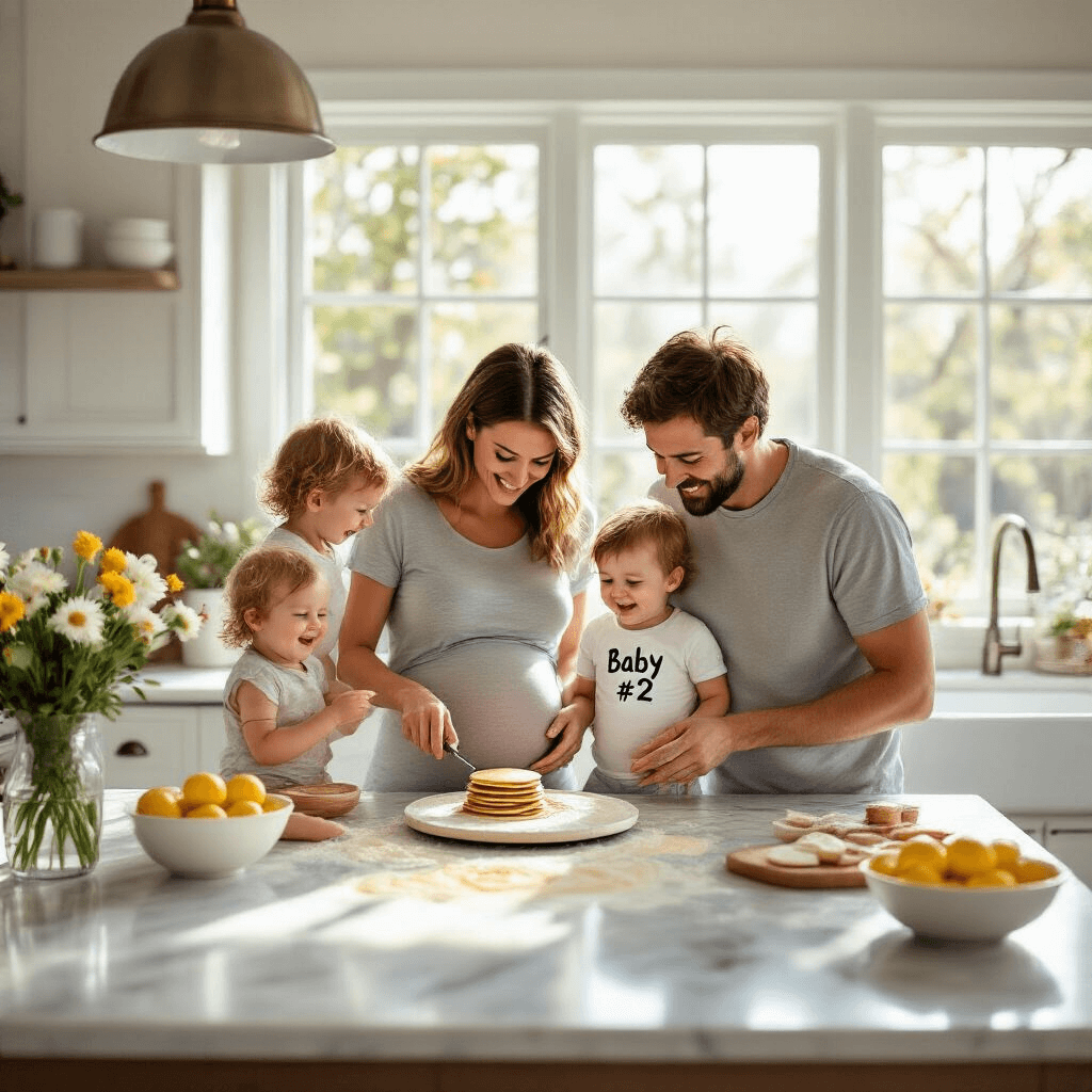 Capturing Joy: The Ultimate Guide to Second Pregnancy Announcements A young family gathers in a sunlit modern kitchen, making pancakes together. The mom, with a baby bump visible under her grey tee, watches as the dad flips a pancake with 'Baby #2' written in batter. Their toddler, giggling and covered in flour, stands on a step stool. The kitchen features bright natural light, clean whites, warm woods, fresh flowers, and a bowl of lemons, all captured from a three-quarter angle that shows their joyful faces and the revealed pancake.