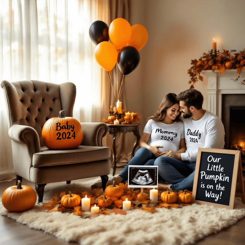 A Spooktacular Halloween Pregnancy Announcement: Tricks, Treats, and Baby Bumps! A warm and inviting living room featuring a plush velvet armchair with a pumpkin carved 'Baby 2024', an ultrasound photo on a side table surrounded by fall decor, an expecting couple in matching shirts cuddling on a throw rug, orange and black balloons floating above, and a chalkboard sign that reads 'Our Little Pumpkin is on the Way!'.