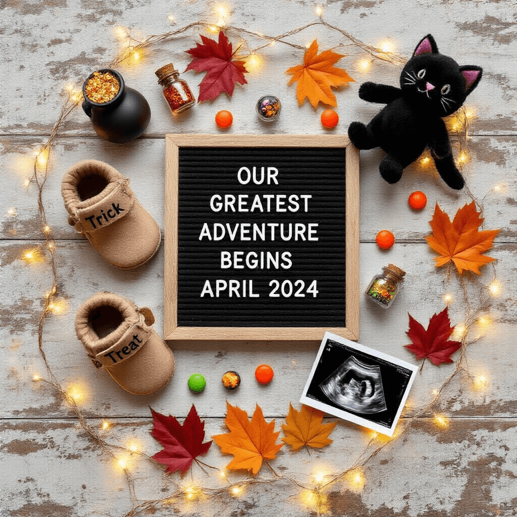 A Spooktacular Halloween Pregnancy Announcement: Tricks, Treats, and Baby Bumps! A flat-lay arrangement on weathered wood features baby booties labeled 'Trick' and 'Treat' beside a letter board that reads 'Our greatest adventure begins April 2024'. Surrounding elements include Halloween candies, tiny glitter-filled potion bottles, a plush black cat toy, and vibrant autumn leaves. An ultrasound photo is tucked under a miniature witch's cauldron, all framed by glowing orange fairy lights.