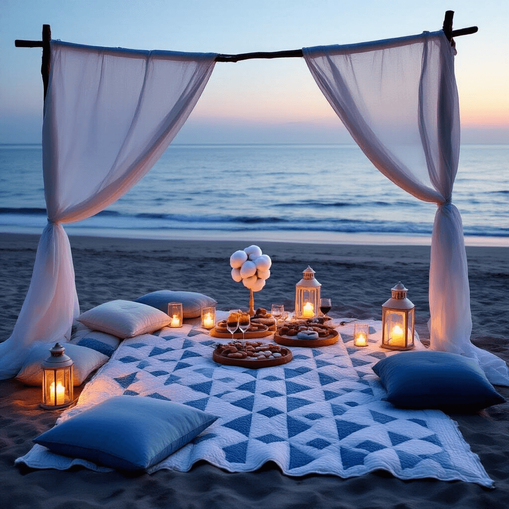 2-Year Anniversary Gifts for Him: Celebrating Love with Cotton Comfort A romantic twilight picnic setup on the beach featuring a large cotton quilt, plush blue and white cushions, lanterns with candles, a charcuterie board, and a vintage cotton candy machine, framed by sheer white curtains and the fading sunlight over the ocean.