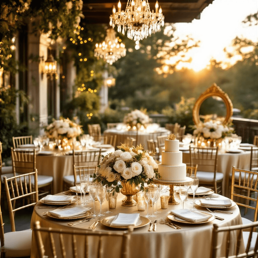 Anniversary Wishes: Heartfelt Messages to Celebrate Love A sunlit garden terrace set for a 50th anniversary celebration, featuring round tables with champagne silk linens, gold Chiavari chairs, lush ivory rose centerpieces in mercury glass vases, twinkling fairy lights, crystal chandeliers, a golden anniversary cake, champagne flutes, and vintage photos of the couple on an ornate easel, all creating a romantic and elegant atmosphere.