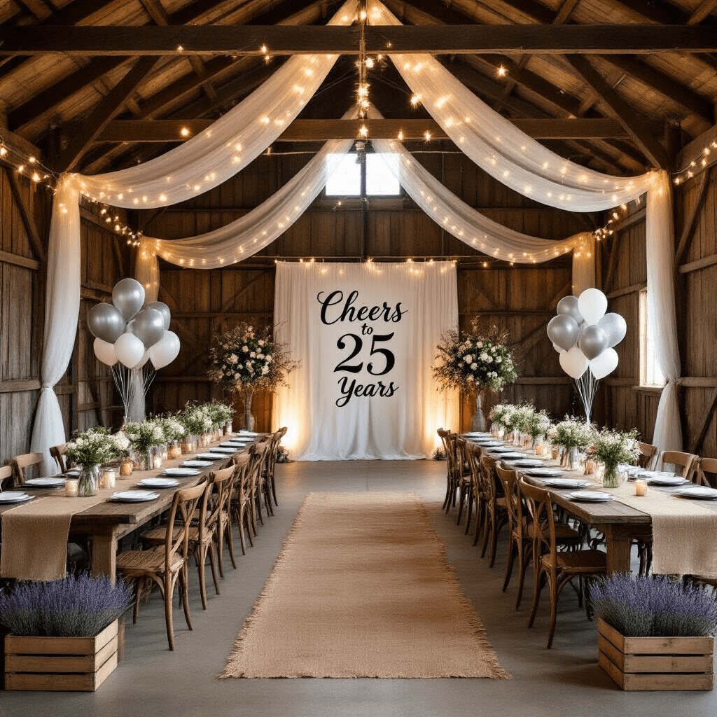 Anniversary Wishes: Heartfelt Messages to Celebrate Love A rustic barn decorated for a 25th anniversary vow renewal, featuring draped gauzy fabric, fairy lights, long farmhouse tables with burlap runners and mason jar floral arrangements, a 'Cheers to 25 Years' sign, and wooden crates filled with lavender and baby's breath, all illuminated by soft candlelight.