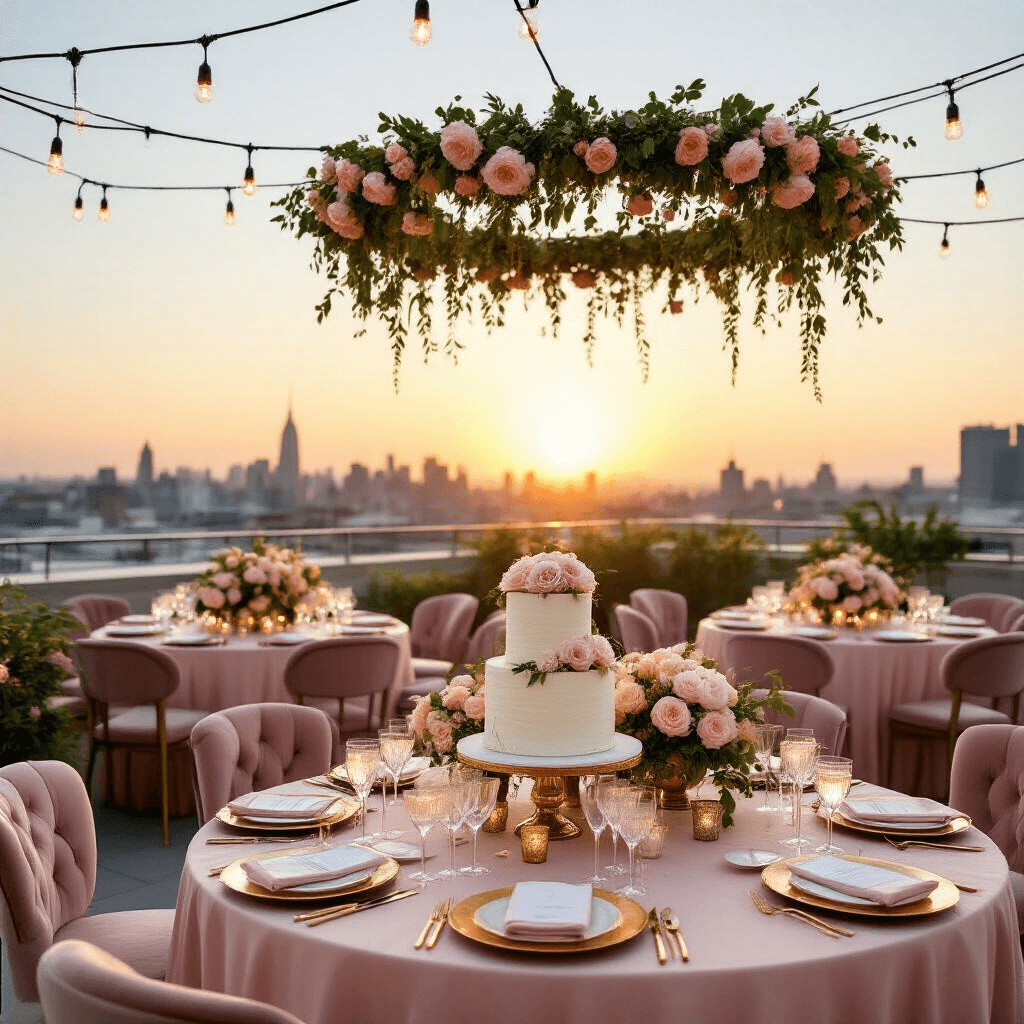 Heartfelt Anniversary Messages to Make Your Husband Feel Loved A romantic rooftop terrace beautifully decorated for an anniversary celebration, featuring blush silk table linens, gold chargers, crystal stemware, lush floral centerpieces, fairy lights overhead, a dessert cart with a tiered white cake, and cozy velvet seating against a city skyline at golden hour.