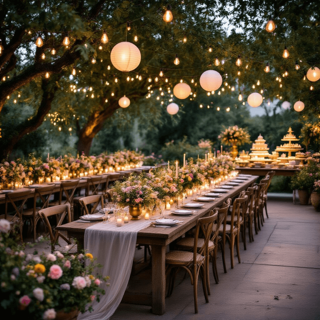 Heartfelt Anniversary Messages to Make Your Husband Feel Loved An enchanted garden wedding reception at twilight featuring long wooden farm tables with mismatched vintage chairs, adorned with wildflowers in brass vessels and softly glowing candles, under fairy lights and paper lanterns, with a dance floor and a pastel-hued dessert table in the background.