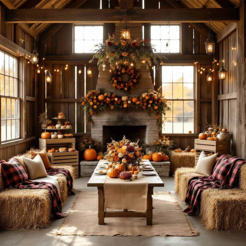 Heartfelt Anniversary Messages to Make Your Husband Feel Loved A rustic barn baby shower decorated for autumn with a harvest table, burlap runners, fall florals, hay bale seating, a fireplace adorned with pumpkins, and string lights creating a warm atmosphere.