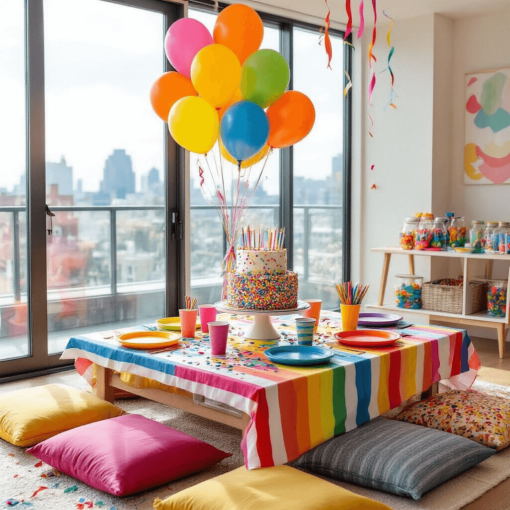 Heartfelt Anniversary Messages to Make Your Husband Feel Loved A colorful children's birthday party in a sun-filled apartment with a low table surrounded by floor cushions, decorated with balloons, streamers, and a vibrant cake, along with a craft station.