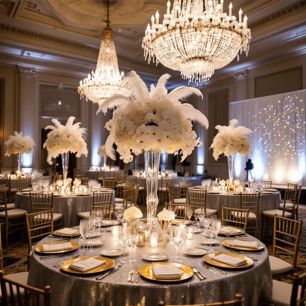 Heartfelt Anniversary Messages to Make Your Husband Feel Loved An elegant New Year's Eve soirée in a grand hotel ballroom with sparkling chandeliers, shimmering silver table linens, tall floral arrangements of white orchids and feathers, gold-rimmed place settings, a balloon drop from the ceiling, and a stylish photo booth area.