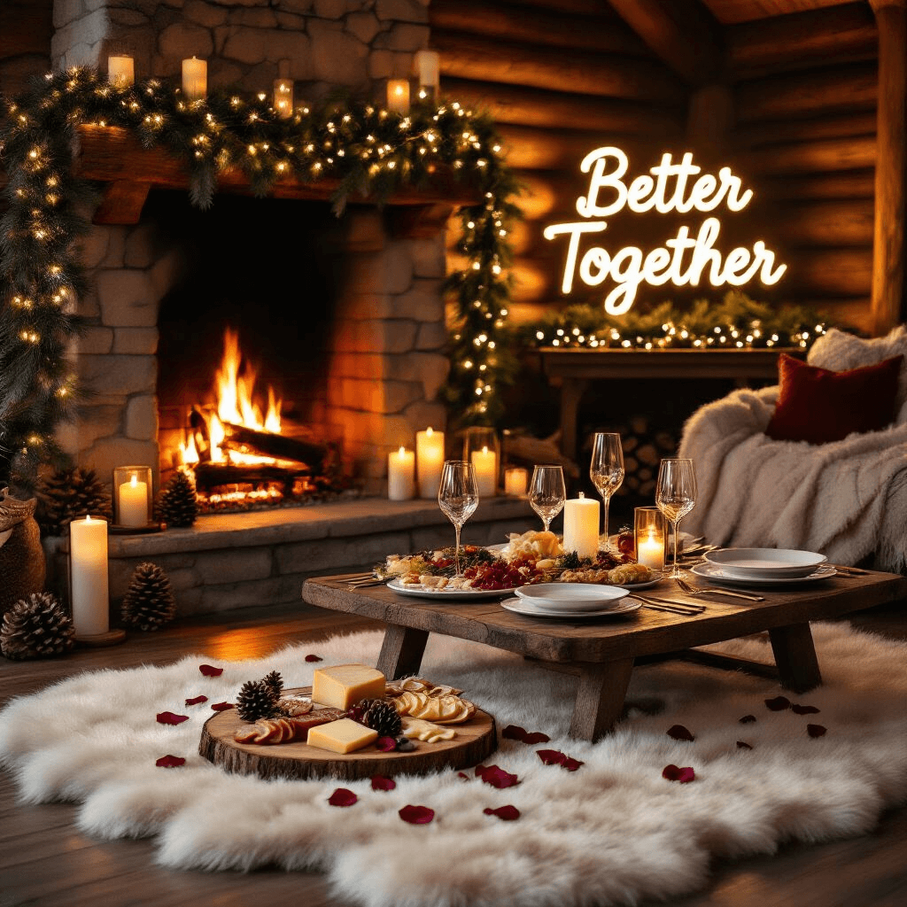 Unforgettable Anniversary Decoration Ideas: Transform Your Space into a Romantic Haven A cozy winter anniversary scene in a rustic cabin with a roaring fireplace, plush faux fur rug, picnic-style dinner for two, twinkling fairy lights, and a neon sign reading 'Better Together'.
