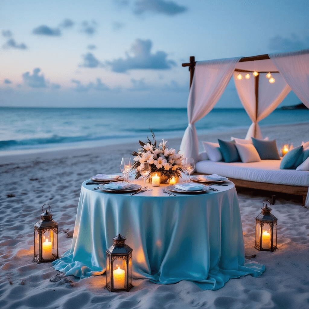 Unforgettable Anniversary Decoration Ideas: Transform Your Space into a Romantic Haven An intimate beachfront anniversary dinner scene at twilight with a small table draped in aqua silk, surrounded by flickering hurricane lanterns and adorned with elegant tableware, featuring a lush floral centerpiece, while a romantic canopy bed nearby is decorated with pillows, and tiki torches illuminate a sandy path to 'Happy Anniversary' written in the sand.