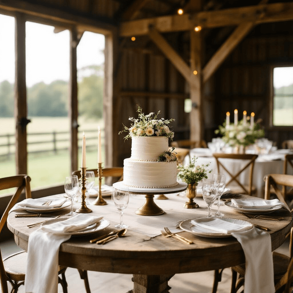 Simple Anniversary Cakes: Elegant Celebration Made Easy A rustic barn venue set for an intimate anniversary celebration, featuring a round table with a white linen cloth, a two-tier buttercream cake decorated with wildflowers, vintage brass candlesticks, mismatched china plates, and gold cutlery, all bathed in soft, natural light from large barn doors.