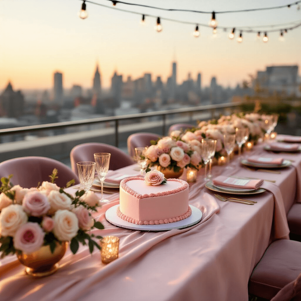 Simple Anniversary Cakes: Elegant Celebration Made Easy An elegant rooftop terrace at golden hour features a long table draped in blush pink silk linens, adorned with a minimalist heart-shaped cake topped with a single rose, surrounded by low arrangements of garden roses in gold compotes, crystal champagne flutes, and velvet-cushioned chairs, illuminated by crisscrossed cafe lights against a soft-focus cityscape backdrop.