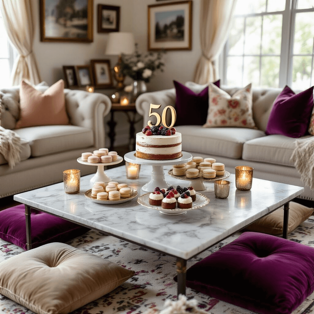 Simple Anniversary Cakes: Elegant Celebration Made Easy A cozy living room set up for a 50th anniversary celebration, featuring a marble coffee table with a rustic naked cake topped with fresh figs and a gold '50', surrounded by vintage cake stands displaying petit fours and macarons. Plush floor cushions in jewel tones create an inviting seating area, soft afternoon light filters through sheer drapery, and candles in mercury glass holders add warmth. Family photos in mismatched frames decorate the walls, captured from a low angle to highlight the textures.