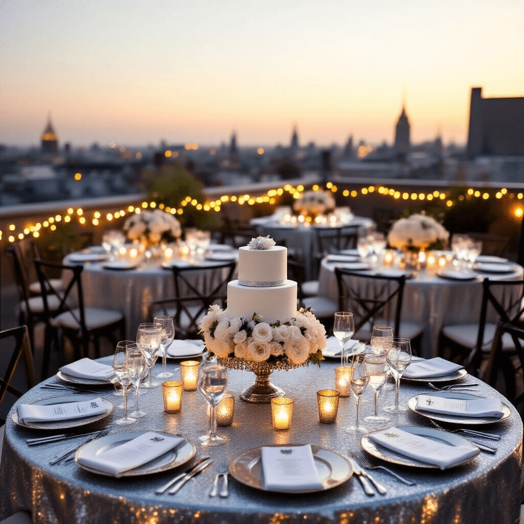 Wedding Anniversary Gifts: The Ultimate Guide to Meaningful Celebrations of Love A romantic candlelit rooftop terrace set for a 25th wedding anniversary, featuring round tables with silver linens, crystal stemware, and white floral centerpieces. Fairy lights and lanterns add warmth to the ambiance against a cityscape backdrop, highlighted by a tiered white cake with silver accents on a decorative stand.