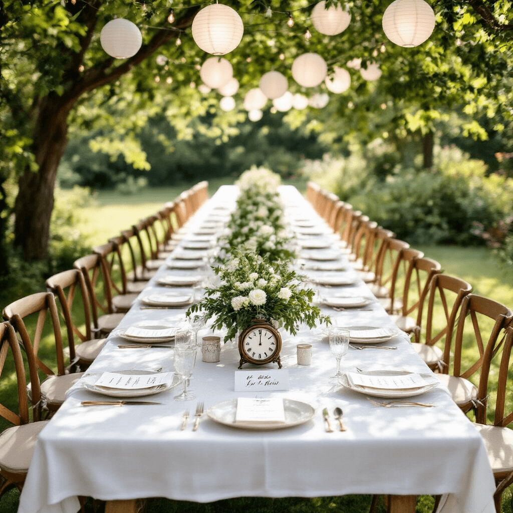 Wedding Anniversary Gifts: The Ultimate Guide to Meaningful Celebrations of Love An overhead shot of an enchanting garden party table set for a couple's first wedding anniversary, featuring a long farmhouse table with white linen, handwritten love letter placemats, calligraphy menus, vintage clock centerpieces filled with greenery and white blooms, and wooden chairs adorned with ribbons, all under a canopy of trees with paper lanterns and dappled sunlight.