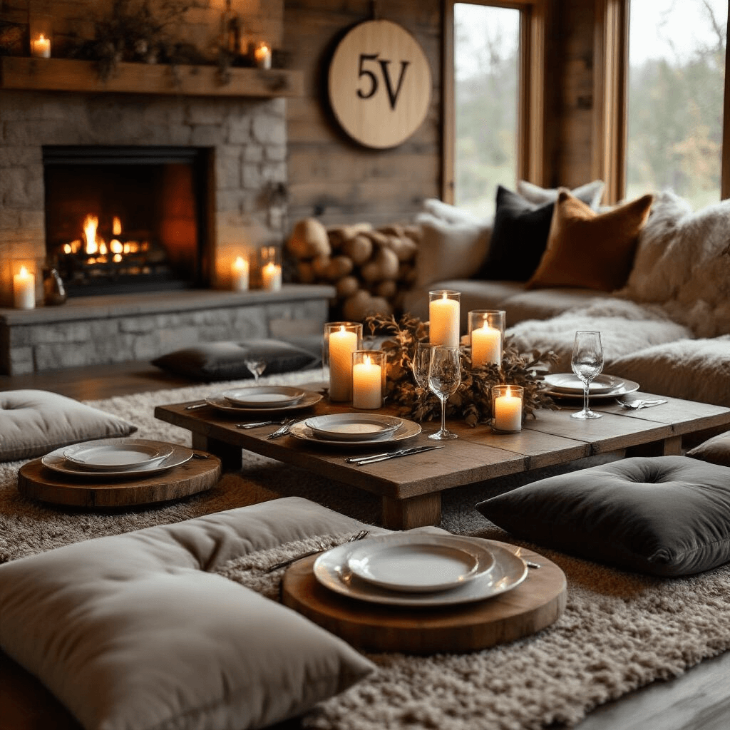 Wedding Anniversary Gifts: The Ultimate Guide to Meaningful Celebrations of Love A cozy living room set for a 5th anniversary celebration, featuring a low table with elegant silverware and wooden charger plates, surrounded by plush velvet floor cushions, warm candlelight, and a custom wooden wall hanging with the couple's initials.