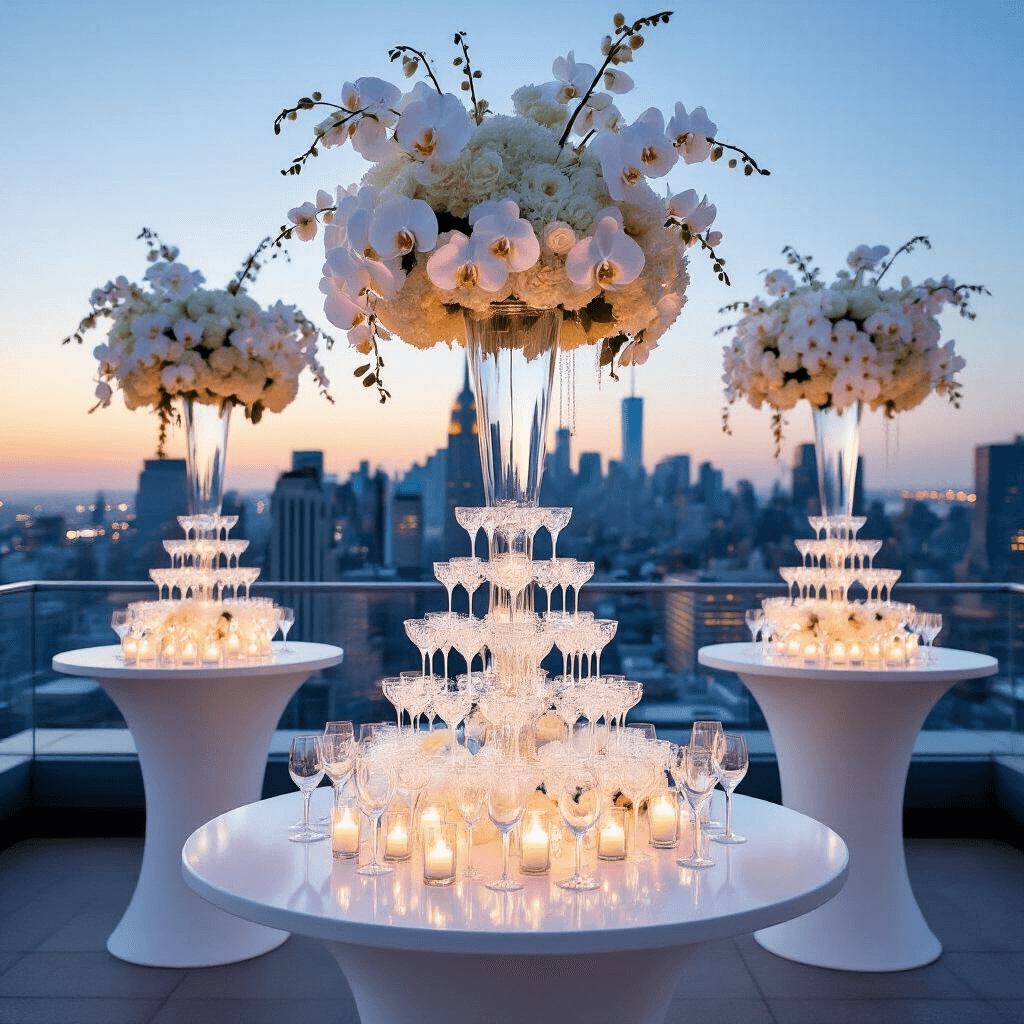 Wedding Anniversary Gifts: The Ultimate Guide to Meaningful Celebrations of Love A stylish rooftop venue for a 10th anniversary soirée, featuring sleek white high-top tables with tall floral arrangements of white orchids, a central champagne tower, and diamond-inspired decor, set against a city skyline at blue hour with uplighting.