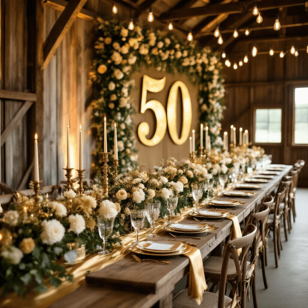 Wedding Anniversary Gifts: The Ultimate Guide to Meaningful Celebrations of Love A cinematic wide shot of a rustic barn interior decorated for a golden 50th anniversary celebration, featuring long wooden tables with gold linens, vintage china, lush floral garlands in cream and gold, antique gold candelabras, and a prominent backdrop with a golden '50', all illuminated by warm Edison bulb string lights.