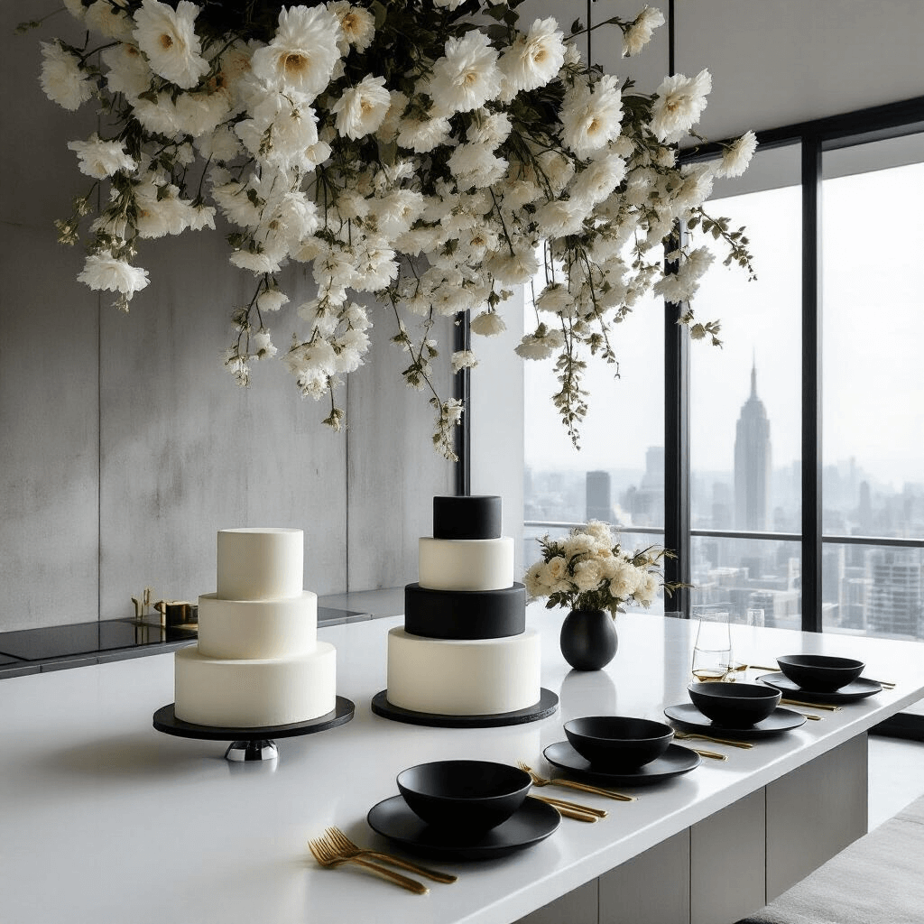 Love Anniversary Cake: Your Ultimate Guide to Creating a Memorable Celebration A chic, modern apartment styled for an anniversary soirée features a sleek kitchen island with geometric cakes, matte black dinnerware, brushed gold cutlery, and a dramatic floral installation suspended from the ceiling, all set against a city backdrop and polished concrete floor.