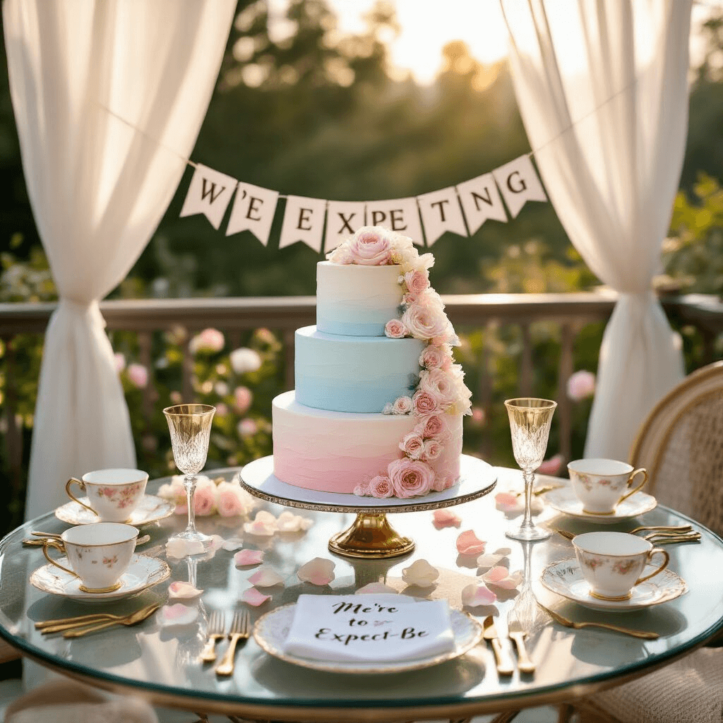 Sweet Surprise: How to Create the Perfect Pregnancy Announcement Cake A sunlit terrace decorated for a pregnancy announcement party, featuring a three-tiered pastel ombré cake, vintage teacups, and elegant tableware, with a 'We're Expecting!' banner in the background.