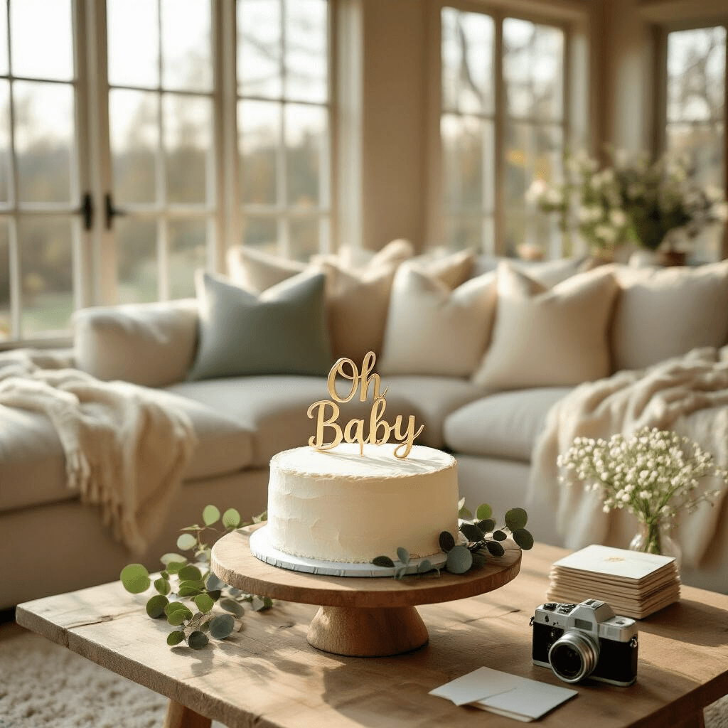 Sweet Surprise: How to Create the Perfect Pregnancy Announcement Cake An intimate living room with warm afternoon light, featuring a rustic coffee table with an elegant white cake topped with a gold 'Oh Baby' cake topper, surrounded by eucalyptus and baby's breath, complemented by soft cream pillows, a plush rug, a Polaroid camera, and stack of blank cards, in a neutral color palette with sage green and warm wood accents.