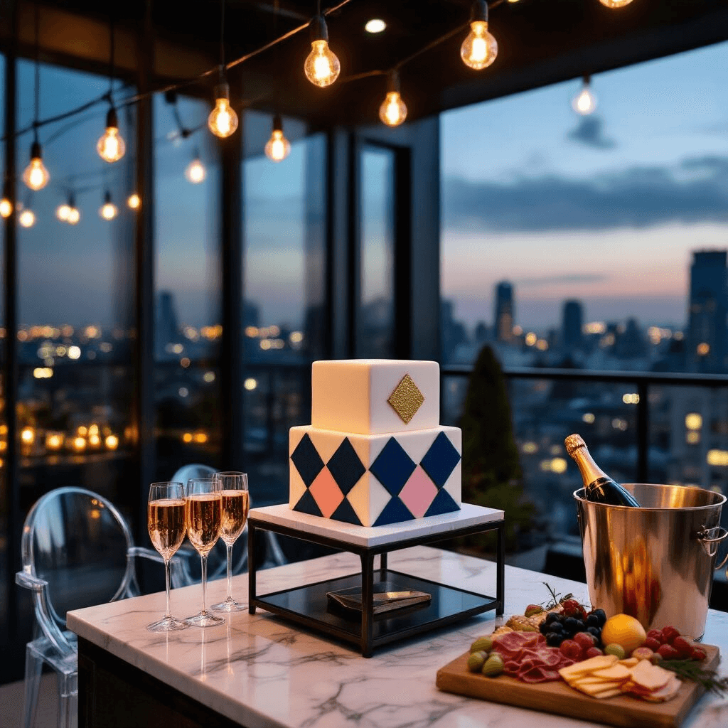 Sweet Surprise: How to Create the Perfect Pregnancy Announcement Cake A modern rooftop terrace at twilight, featuring a sleek marble-topped bar cart with a contemporary square cake in navy and blush geometric patterns, gold leaf accent, surrounded by champagne coupes, a bucket of rosé, and a charcuterie board, with twinkling city lights reflecting in floor-to-ceiling windows and ghosted acrylic chairs adding to the urban luxe aesthetic.