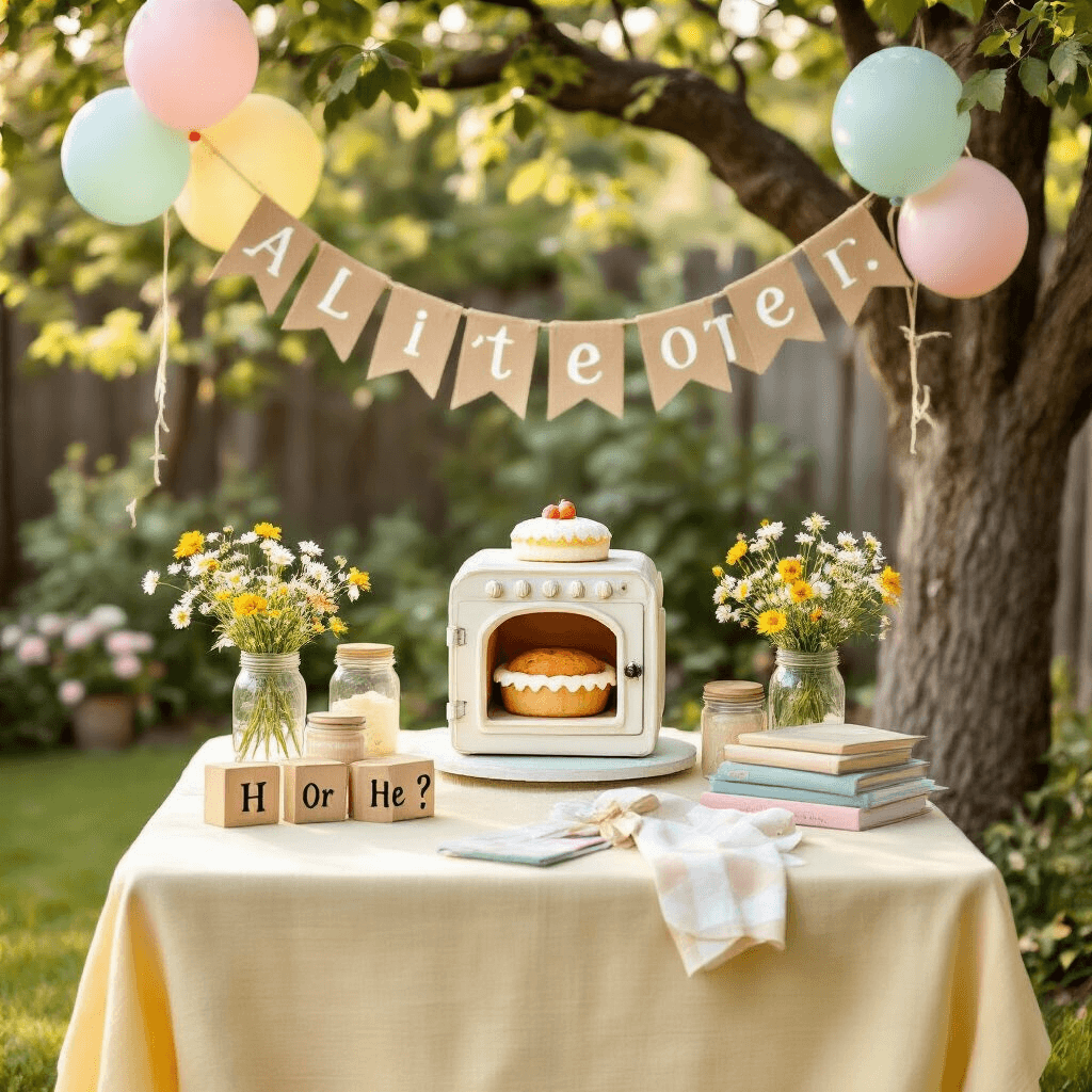 Sweet Surprise: How to Create the Perfect Pregnancy Announcement Cake A whimsical backyard scene in soft morning light featuring a vintage farm table with a pale yellow tablecloth, a 'Bun in the Oven' themed cake, mason jars of wildflowers, wooden letter blocks, and children's books, with pastel balloons and a burlap banner suspended from a tree, all set against dewy grass and chirping birds.