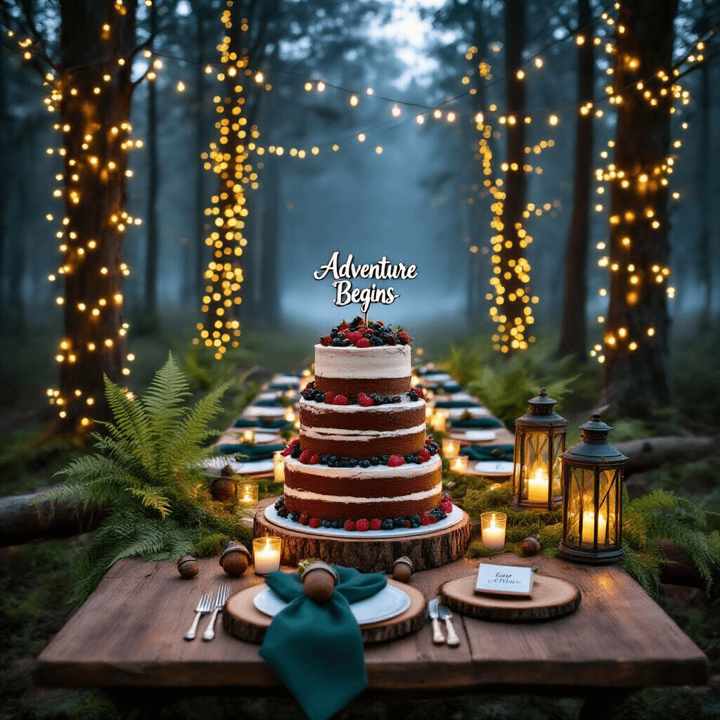 Sweet Surprise: How to Create the Perfect Pregnancy Announcement Cake A serene forest clearing at dusk, adorned with fairy lights and a rustic wooden table set for an intimate gathering. The highlight is a naked cake with alternating layers of chocolate and vanilla, decorated with fresh berries and edible flowers, topped with a hand-painted 'Adventure Begins' sign. Vintage lanterns and moss-covered logs with tea lights surround the cake, while place settings feature wood slice chargers and deep green napkins, creating a magical, misty ambiance as daylight fades through the trees.