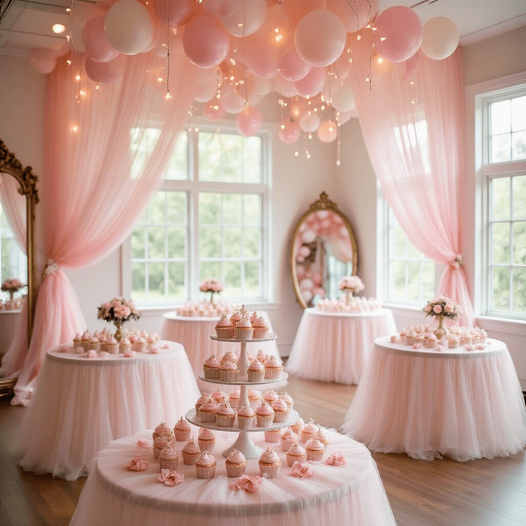 Magical Ballerina Birthday Party: The Ultimate Styling and Photography Guide A dreamy ballerina birthday party in a sunlit dance studio, featuring blush pink tulle drapes, round tables with layered tulle skirts, miniature ballet slippers and pink roses as centerpieces, a grand mirror reflecting pastel balloon garlands and fairy lights, and a tiered cake stand with ballet-themed cupcakes.