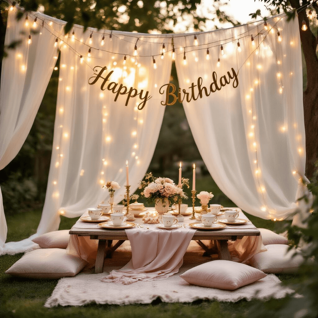 Magical Ballerina Birthday Party: The Ultimate Styling and Photography Guide An intimate backyard celebration for a ballerina, featuring a low picnic table with a blush silk tablecloth, surrounded by plush cushions. Warm fairy lights crisscross above, and gold-rimmed plates and floral teacups adorn the table, alongside ballet slipper-shaped cookies. Sheer white curtains and a gold calligraphy 'Happy Birthday' banner complete the whimsical scene bathed in golden hour light.