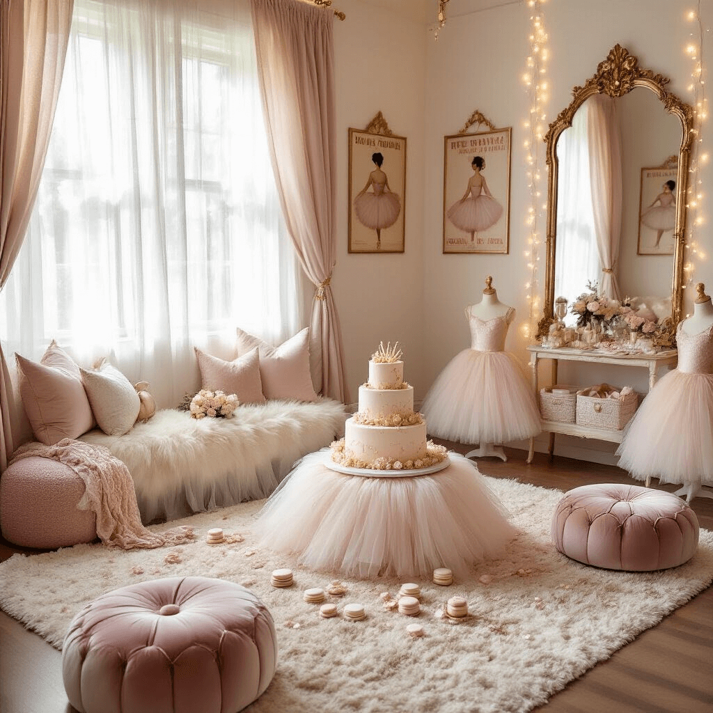Magical Ballerina Birthday Party: The Ultimate Styling and Photography Guide Cozy living room decorated for a ballerina-themed birthday party, featuring soft morning light, blush and cream colors, a tutu-inspired cake, vintage ballet posters, and a dress-up station with tutus and tiaras.